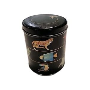 Vintage, Colorful, Tropical Animals On Black Lidded Tin Cannister 4.5in X 3.5in